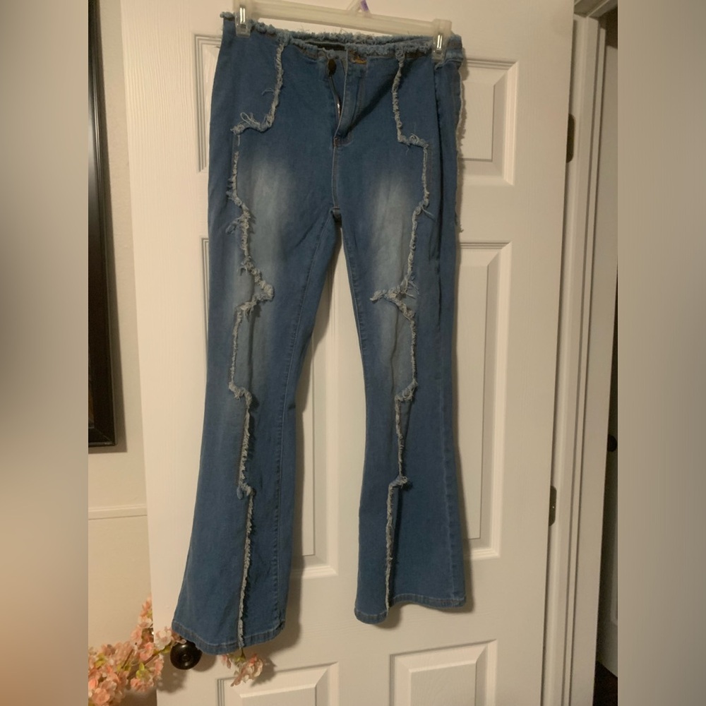 SHEIN Blue Frayed Flare Jeans